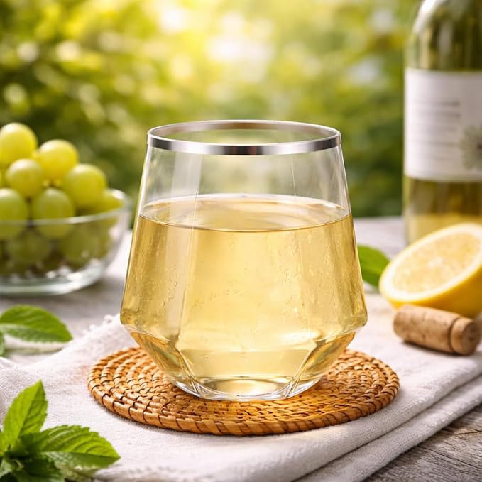 Oojami 40 Pack 12 oz Disposable Plastic Wine Glasses Diamond Stemless, Silver Rim Clear Unbreakable Reusable Champagne Whiskey Cocktail Cups, Shatterproof BPA-Free Recyclable, Wedding Birthday Party