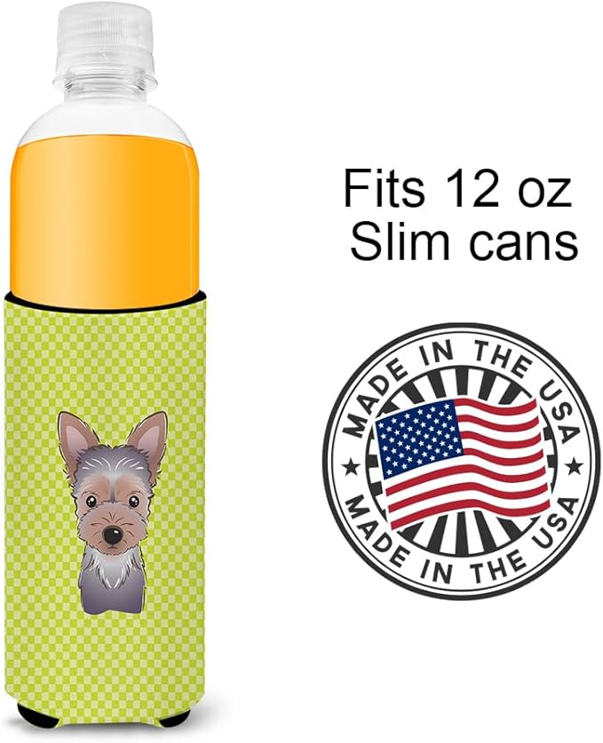 Checkerboard Lime Green Yorkie Puppy Ultra Beverage Insulators for slim cans