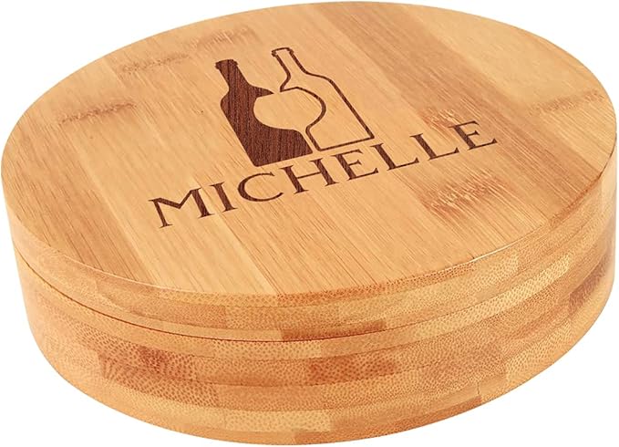 Personalized Bottle Silhouette Bamboo Round 4 Piece Wine Tool Set