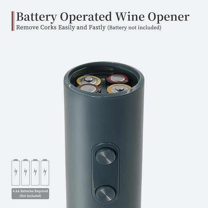 Battery Operated Wine Opener by ELMWAY, Electric Corkscrew & Wine Bottle Opener with Foil Cutter, Gift for Wine Lovers and Wine Accessories for Home Bars - Green (4xAA Not Included)