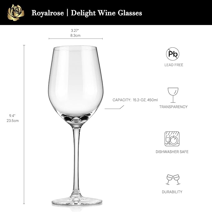 Royalrose Premium Delight Vintage Wine Glasses Set of 4, 15 oz Goblets Glasses for Wine, Cocktails, Sparkling Water, Elegant Drinkware for Entertaining or Daily Use (Red Wine Glasses)