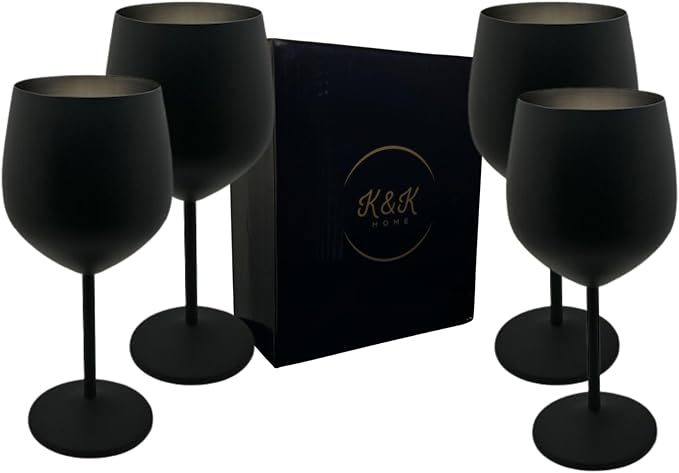 K&K Home Black Matte Stainless Steel Unbreakable Black Wine Glasses - 18 oz - Set of 4 Colored, Stemmed Metal Wine Glasses Perfect for Outdoors, Weddings, and Parties