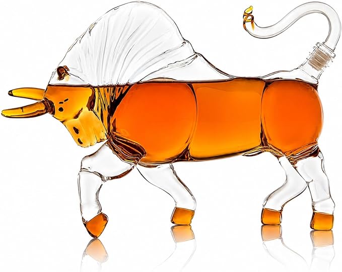 Charging Bull Decanter El Matador Wall Street Bull Charging Head Forward Animal Bullfighter Liquor Decanter for Bourbon Whiskey Scotch Zodiac Shape Clear 1000ml Dispenser Unique Bar Gift, Men Office