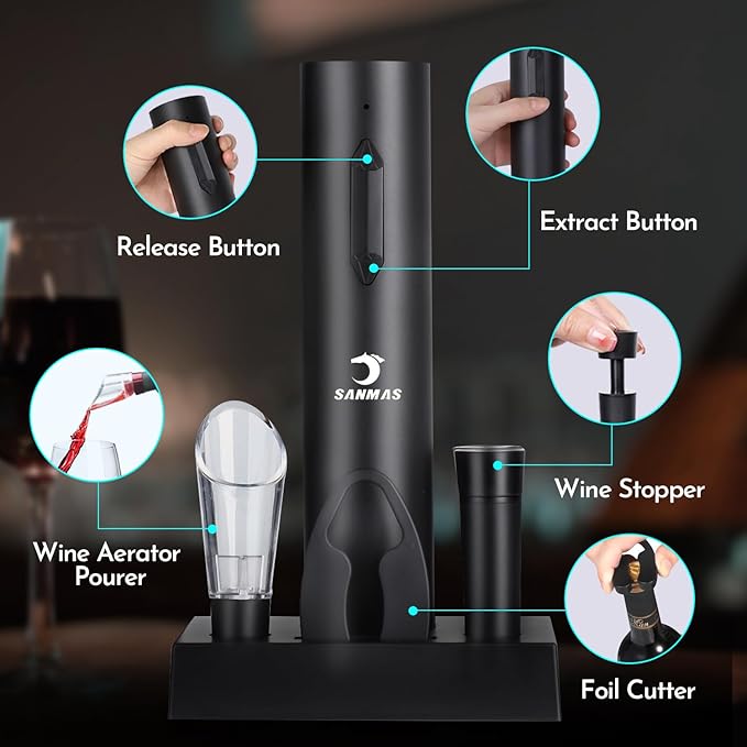 SANMAS Rechargeable Electric Wine Opener Set, 5-in-1 Automatic Corkscrew with Foil Cutter & Wine Aerator Pourer, 2 Vacuum Stoppers, Type-C Cable & Stand | Complete Wine Accessories Kit Gift Box