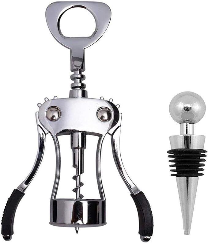 Upraded 2 in 1 Wing Corkscrew with One Pack Wine Bottle Stopper,Multifunctional Corkscrew Wine Cork Opener Bottler Opener Remover for Home, Kitchen,Restaurant,Party and as Gift,Silver