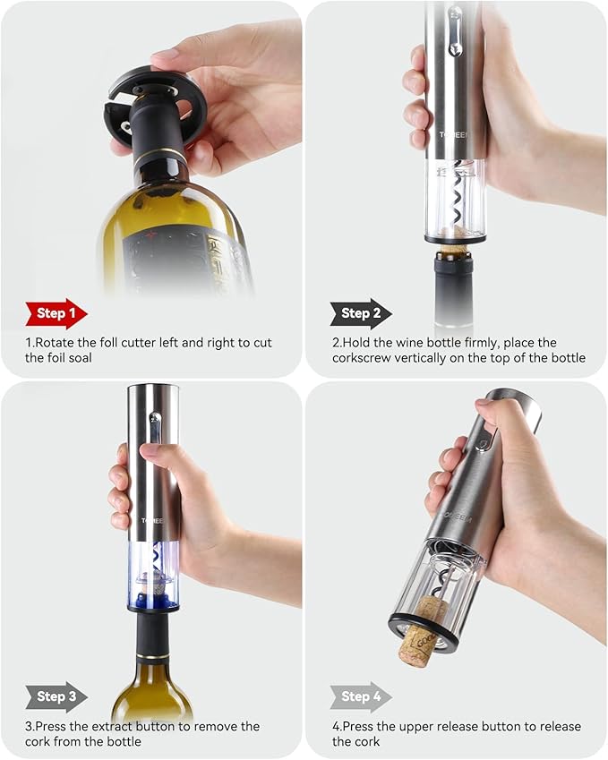 Rechargeable Electric Wine Gift Set - Aerator, Vacuum Stoppers, Foil Cutter and Bottle Opener for Home Bar and Outdoor Parties (Silver, Wine Opener Set)