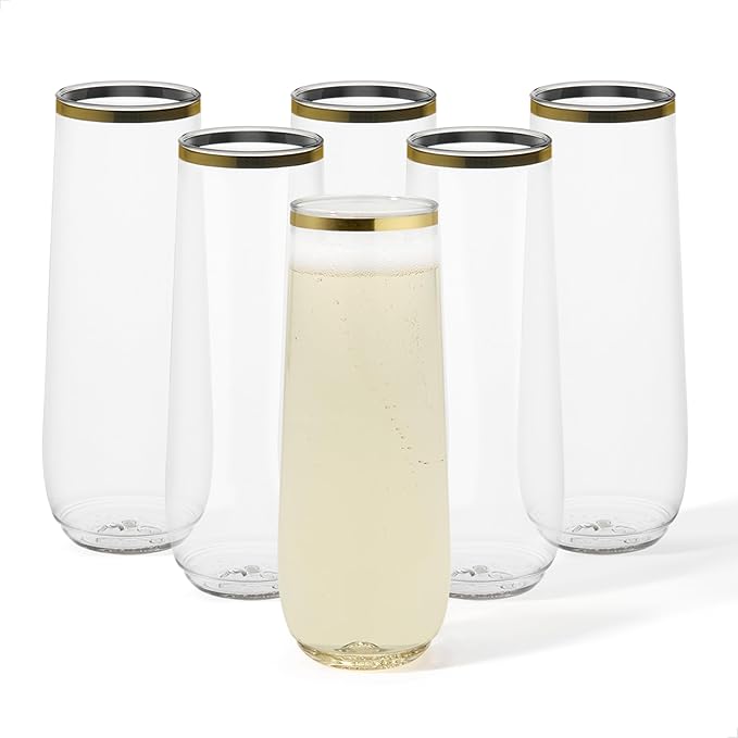 TOSSWARE POP 9oz Stemless Gold Rim Champagne Flute Set of 48, Premium Quality, Recyclable, Unbreakable & Crystal Clear Plastic Champagne Glasses