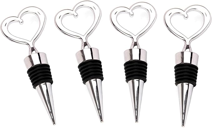 4 Pcs Silver Stainless Steel Love Design Wine Bottle Stoppers, Heart Shape Wine and Beverage Bottle Stoppers for Guests