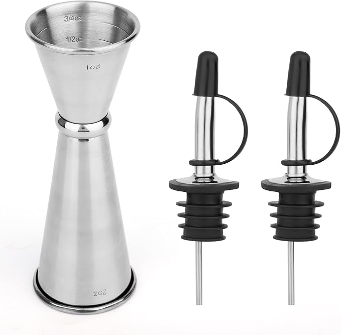 Double Cocktail Jigger for Bartending 2oz 1oz with 2 Pourers Spout Lids, Japanese Bar Stainless Steel Drink Shot Measurer with Measurements Inside, Liquor Alcohol Measuring Cup for Bartender Accessory
