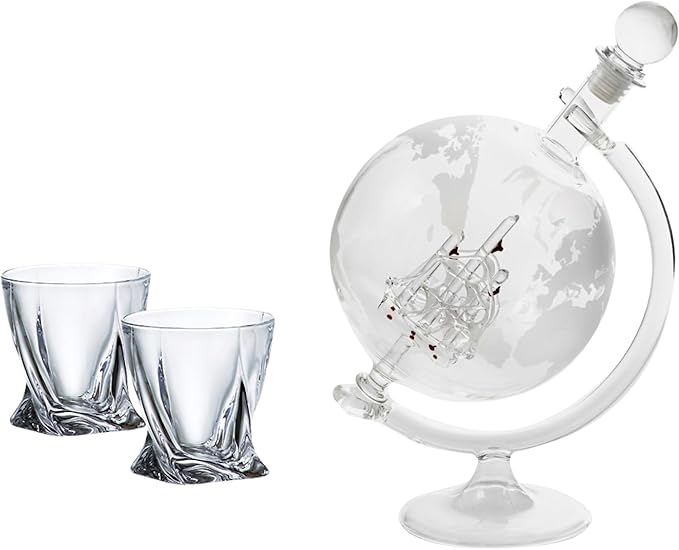 Whiskey Decanter Set 35 oz - Men's Whiskey, Wine and Bourbon Shaker with 2 Diamond Alcohol Glasses - Etched Globe Glass Decanter with Ship - Dads Gifts for Holiday (Glass Ship)
