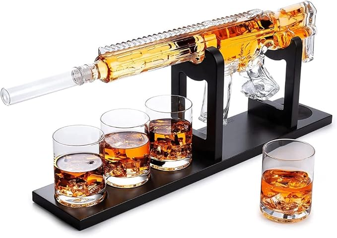 Gifts for Men Dad, Whiskey Decanter Set - AR Limited Edition, Silencer Stopper - 800 ml & 4, 12oz Whisky Glasses - Father Birthday Gift - Drinking Party, Liquor, Vodka Tik Tok Decanter