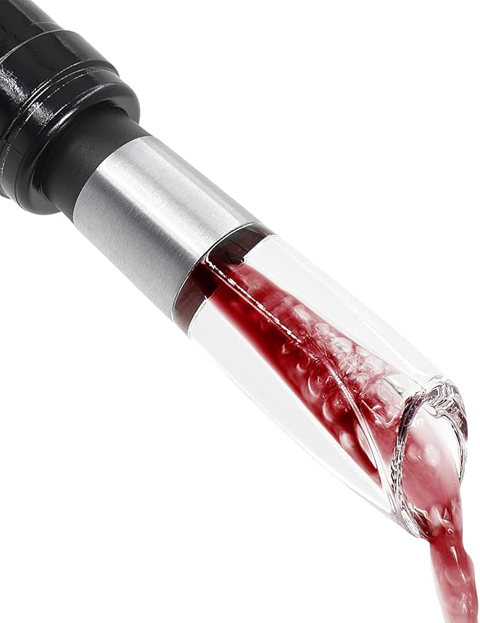 Elegant Wine Aerator Pourer Spout by ELMWAY - Clear Wine Air Aerator Enhances Flavor, Aroma & Finish, No Spill Design, Wine Accessory Gift for Wine Lovers - Silver