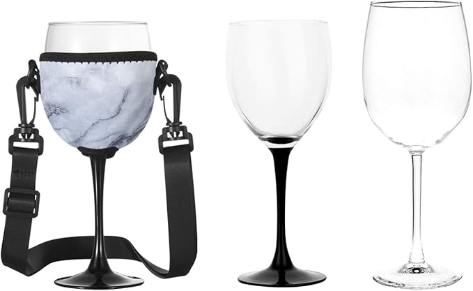 Beautyflier Wine Glass Insulator/Drink Holder/Neoprene Sleeve with Adjustable Neck Strap For Wine Walk (Marble Blue/Pink/Gray)