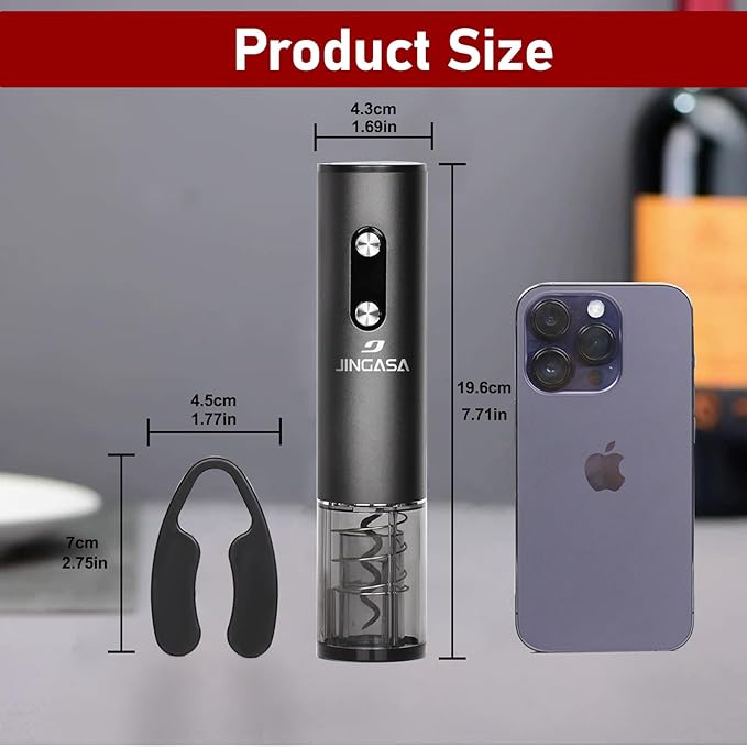JINGASA Electric Wine Opener with Automatic Corkscrew & Foil Cutter – Rechargeable Type-C Corkscrew Bottle Opener for Home, Kitchen & Party, Black,1 Pack