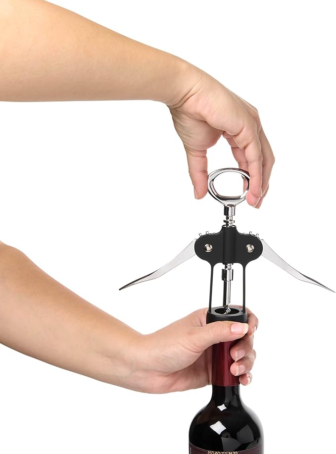 HIC Kitchen Bar Soft-Touch Winged Corkscrew, Easy Removal For Natural And Synthetic Corks, Built-In Bottle Opener, Wine Accessory