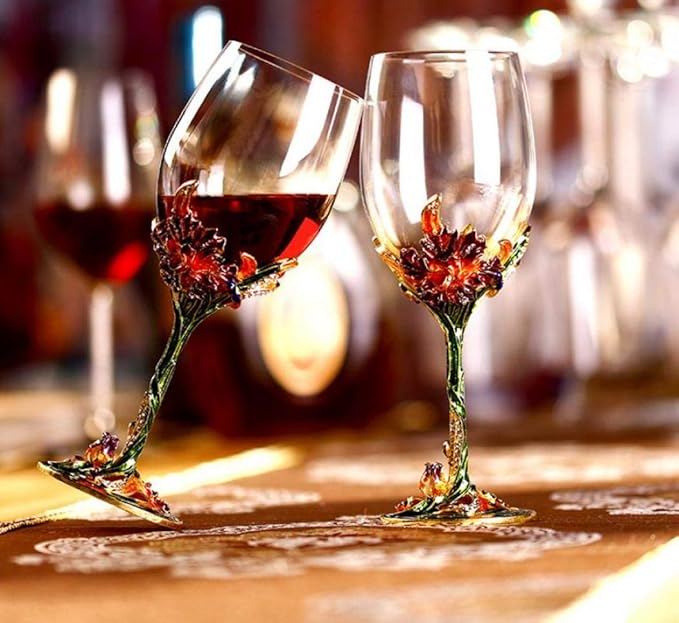 Comeon Wine Glasses Crystal Red Wine Glasses Elegant Champagne Glasses Enamels Floral Decorative Goblets(Green /2 set(gift box))