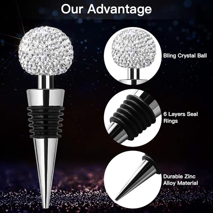 Soleebee Bling Decorative Wine Stoppers,Wine Bottle Stopper with Crystal Rhinestone, Beverage Bottle Stoppers for Gifts, Bar, Holiday Party, Wedding (White)