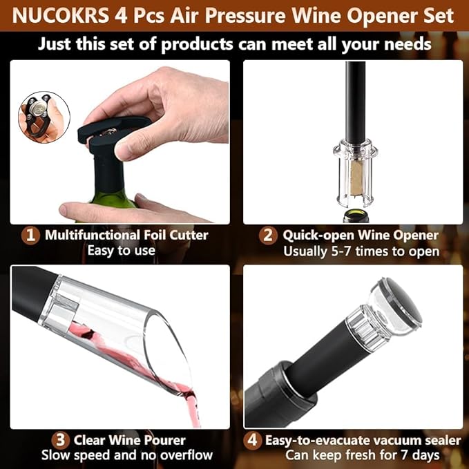 5 Pcs Air Pump Wine Opener Set with Foil Cutter, Wine Pourer, Vacuum Stopper and Storage Base NUCOKRS Corkscrew Great Gift for Wine Lovers