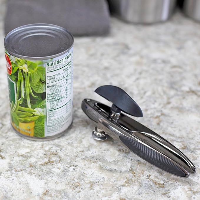 Curved Zinc Alloy Handheld Manual Can Opener with Large Easy Turn Knob by Home Basics | Non-Slip Grip Handles | Sharp Cutting Wheel | Essential Kitchen Tool