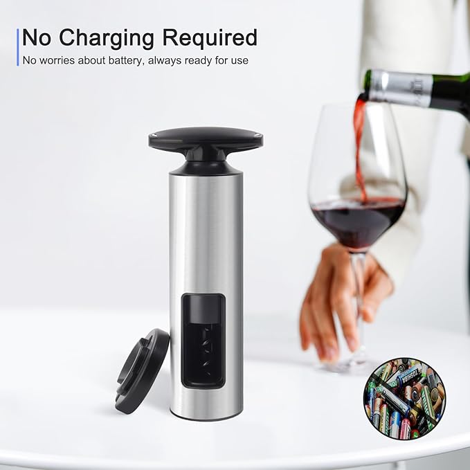 Effort-Saving Wine Opener by ELMWAY, Sleek Self-Pull Manual Corkscrew with Foil Cutter, Stainless Steel Body, Easy to Use & Eco-Friendly for Home & Parties - Silver