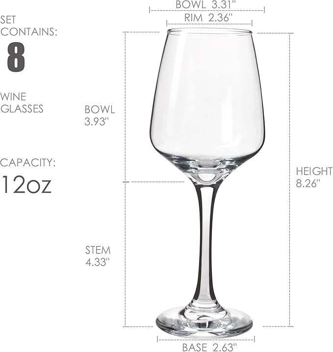 YANGNAY Wine Glasses Set of 8, 12 Oz Classic Red or White Wine Glass with Stem, Perfect for Home, Restaurant Use, Dishwasher Safe