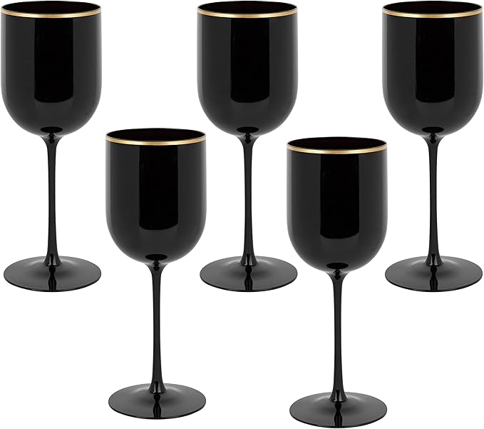 PLASTICPRO Black Wine Cup with Gold rim Plastic Wine Glasses Set of 10 Elegant Wine Goblets Hard Plastic Wine Cups on Stem 12 Ounce