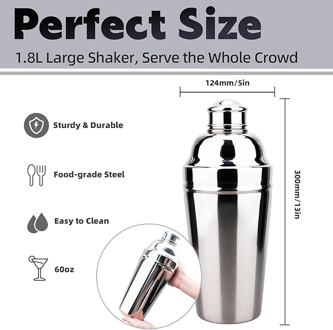 60oz Large Cocktail Shaker, Stainless Steel Bartender Professional Drink Shakers with Built-In Strainer, Martini Shaker Bar Home Mixology Tool, Sliver Large Drink Mixer Bartending Tool