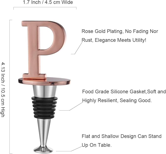 Miicol Prosecco Stopper - Personalised Champagne Stopper, Rose Gold Wine Accessories, Wine Lovers Gift, Monogram Gift, Letter P