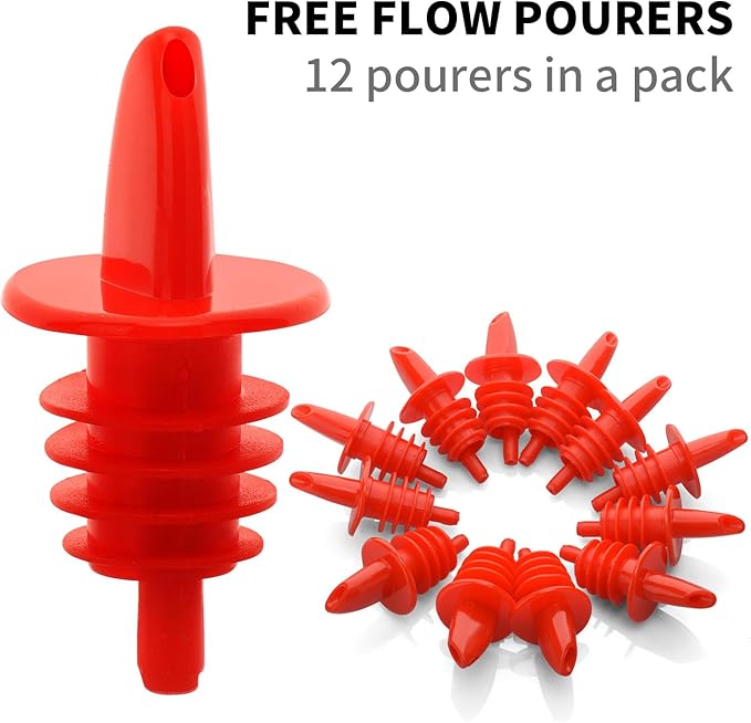 Plastic Liquor Bottle Pourers red- 12 Pack Classic Bottle Pourers for Alcohol, Leak-Proof, Dishwasher-Safe Pour Spouts for Liquor Bottles (red)