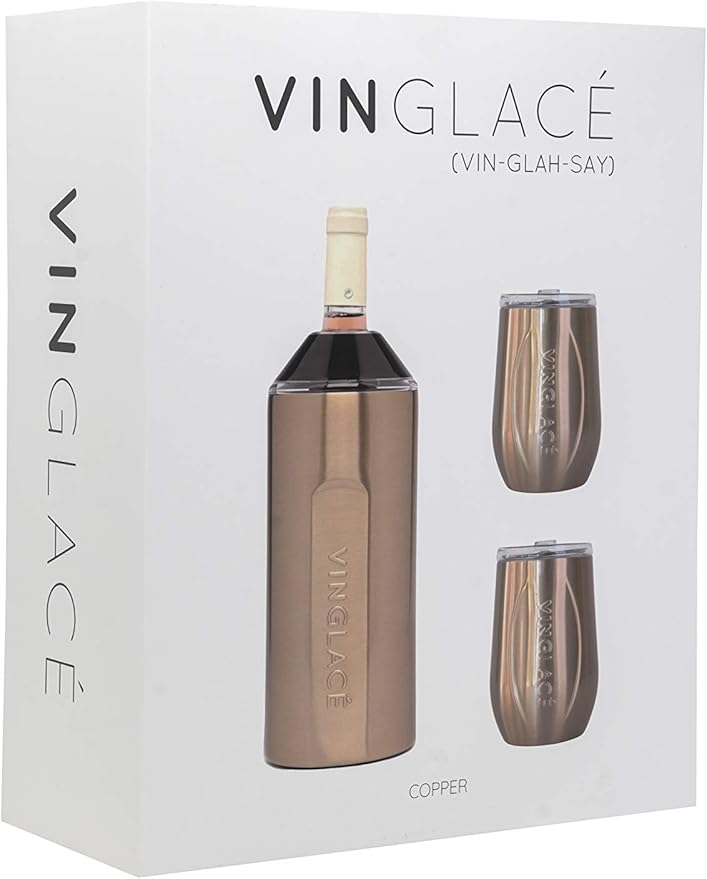 Vinglacé Wine Bottle Chiller Gift Set- Portable Stainless Steel Wine Cooler with 2 Stemless Wine Glasses, Copper