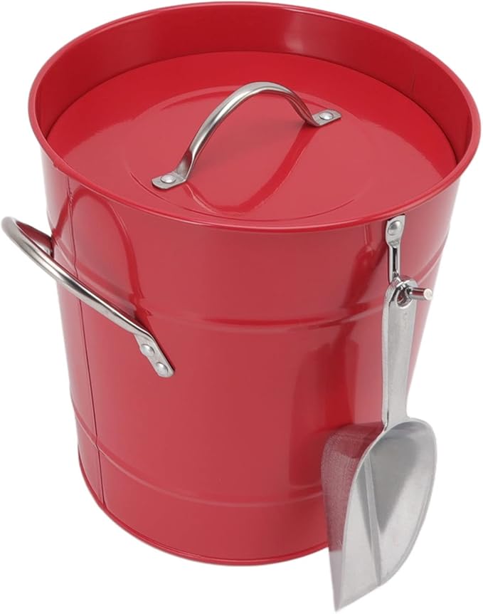 Round Ice Bucket with Ice Shovel, Bar Ice Tub Beer Chiller Bin, Double Wall Galvanized Sheet and Plastic Wine Storage Tub with Handle and Lid for Home Bar Party Use (Red)