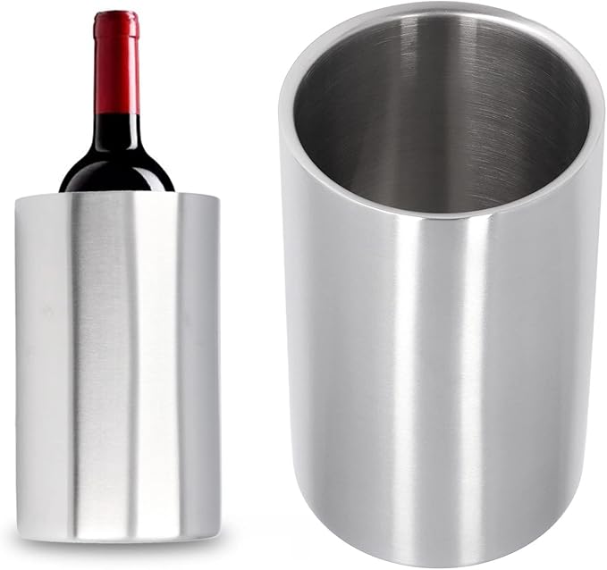 Wine Chiller, Stainless Steel Double Wall Wine Cooler Champagne Cooler Ice Bucket Fits Any Single Bottle for Parties