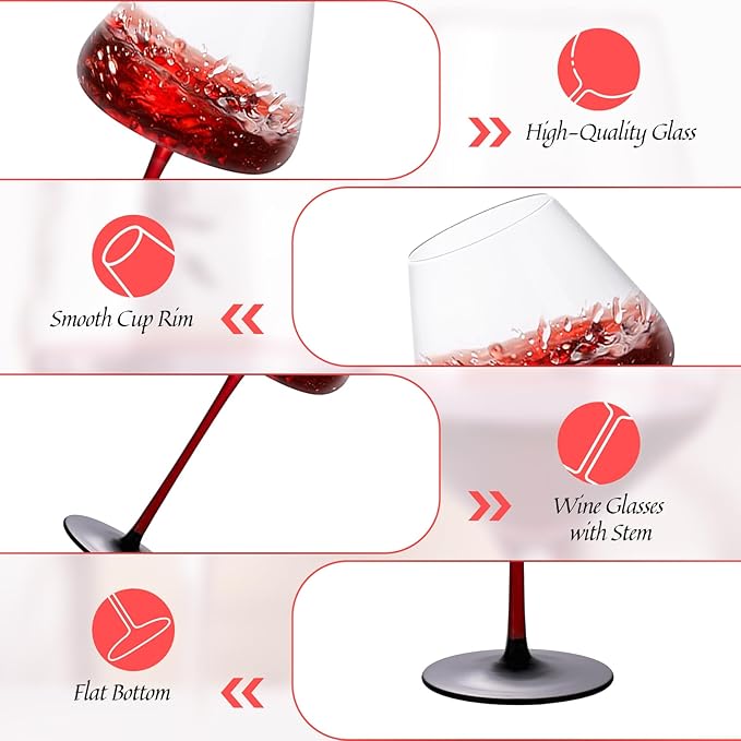 KAMMAK Wine Glasses Set of 2, 24.35 oz Hand Blown Crystal Bordeaux Wine Glasses, Thin Rim & Long Stem, Perfect for Red & White, Daily Use, Wedding or Birthday Gift with Gift Box, XH-H250 Black Base