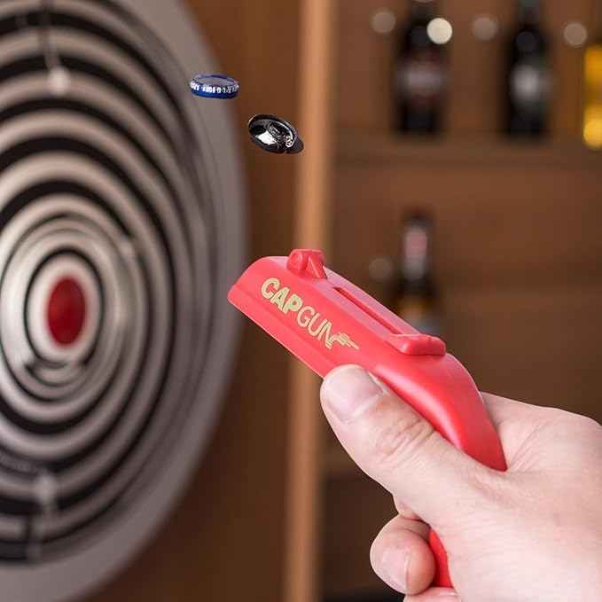Bottle Cap Launcher (Red & Grey) – Fun Bottle Opener Tool That Shoots Caps for Parties, BBQ, Bar Games