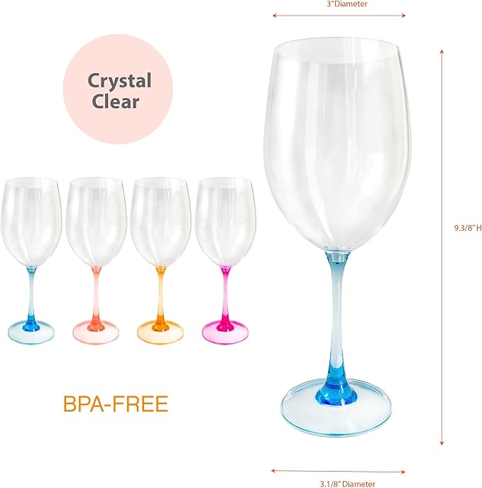 Lily's Home Unbreakable Stemmed Red Wine Glasses Set of 4, Reusable & Dishwasher-Safe, 22 oz Shatterproof Plastic Wine Glasses with Multi Color Stem for Party, Wedding, Home and Outdoor