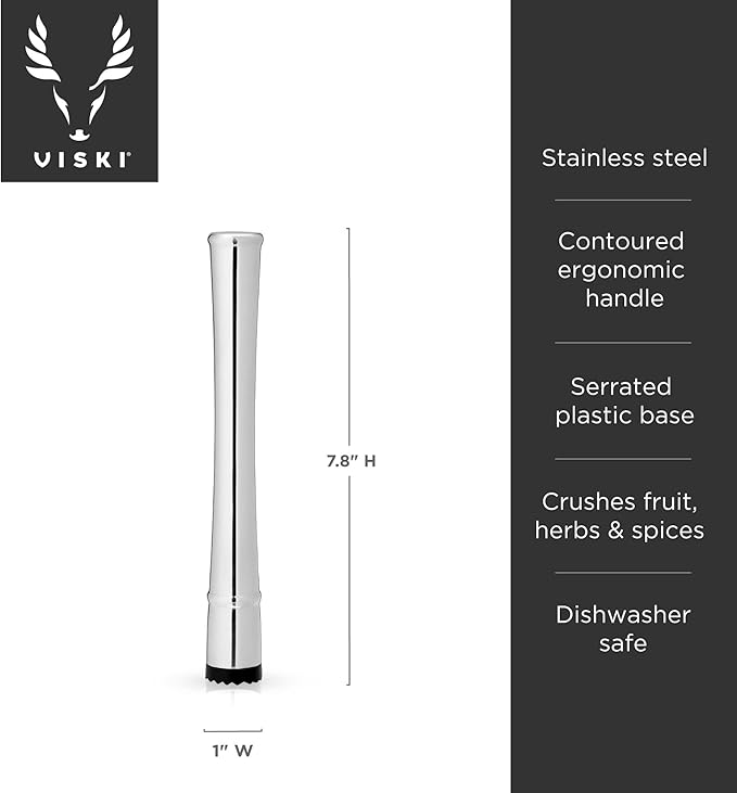 Viski Stainless Steel Muddler, Essential Bar Tools & Accessories, Craft Cocktail Accessories, 7.8″