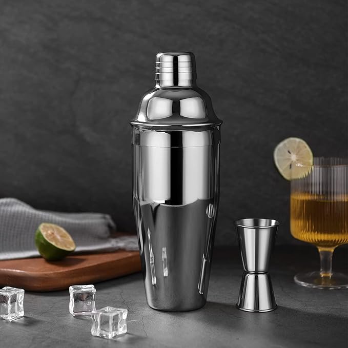 LUCKYGOOBO Cocktail Shaker with Double Measuring Jigger,18/8 Stainless Steel 24oz Martini Shaker Set,Drink Shaker Built-in Strainer,Bartender Kit. (Black)