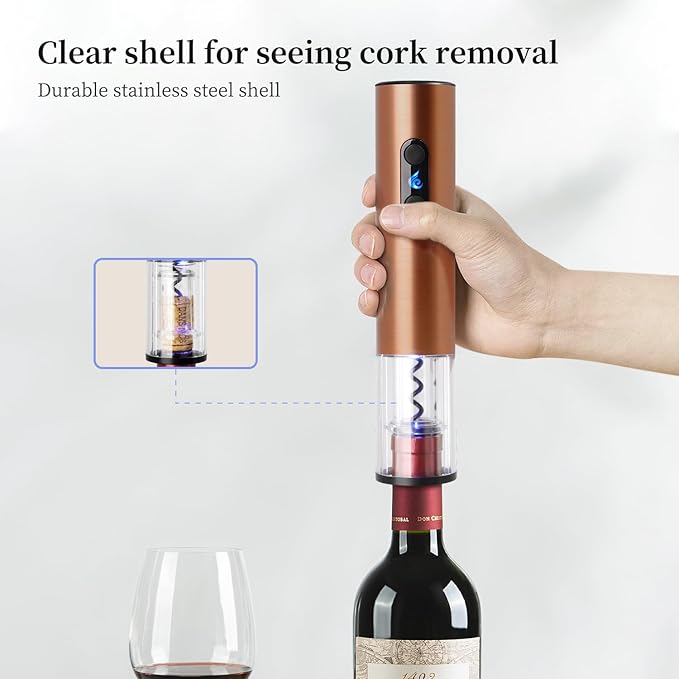 Battery Operated Electric Wine Opener by ELMWAY - Stainless Steel Electric Corkscrew with LED Light & Foil Cutter, Simple Push-Button Operation for Wine Lover (Rose Gold, 4 x AA Not Included)