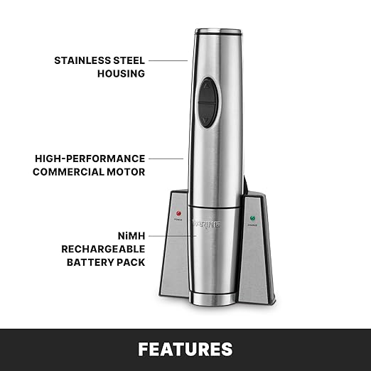 Waring Commercial WWO120 Portable Electric Wine Bottle Opener with Recharging Station,Silver
