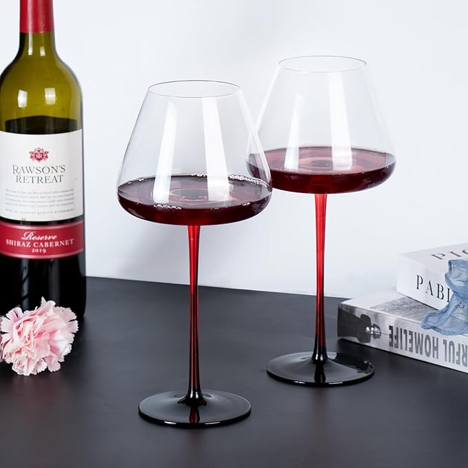 KAMMAK Wine Glasses Set of 2, 24.35 oz Hand Blown Crystal Bordeaux Wine Glasses, Thin Rim & Long Stem, Perfect for Red & White, Daily Use, Wedding or Birthday Gift with Gift Box, XH-H250 Black Base