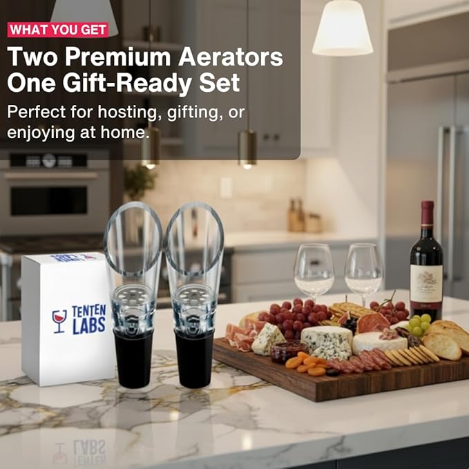 TenTen Labs Wine Aerator and Pourer (2 pack) - Red Wine Decanter for Wine Bottles - Enhances Flavor and Smell Immediately - Gift Box Included - Black