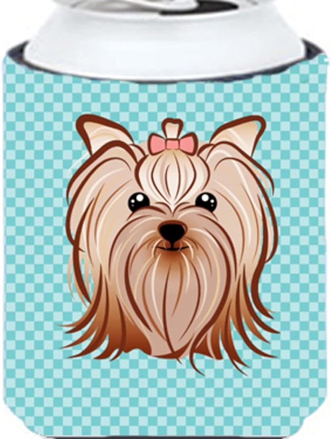 Caroline's Treasures BB1142CC Checkerboard Blue Yorkie Yorkishire Terrier Can or Bottle Hugger Cooler Washable Drink Sleeve Collapsible Beverage Insulated Holder, Can Hugger, Multicolor