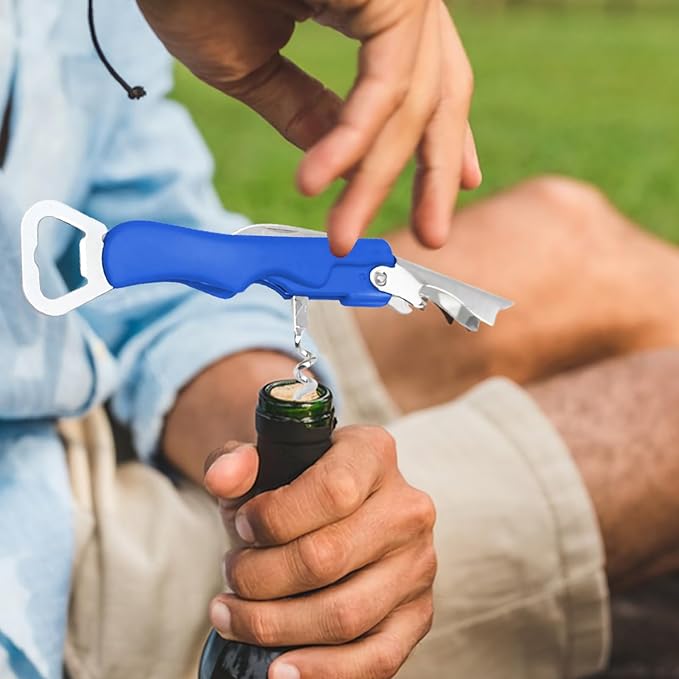Stainless Steel Wine Key with Foil Cutter:Waiters Corkscrew Opener Beer Bottle Opener (Blue)