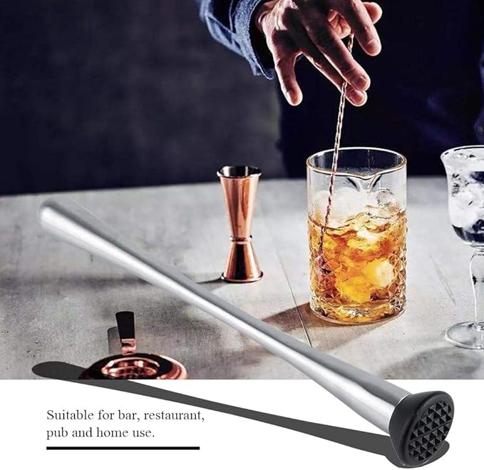 Long Handle Stainless Steel 29cm/11.42in Muddler Bar Tool Cocktail Muddler Fruit Mixer DIY Drink Wine Barware Tool, Silver