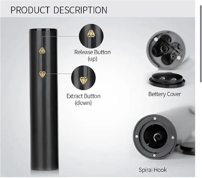 Electric Wine Opener - Compact Wine Opener, Soft Grip Battery-Operated, Fits All Cork Types - Sleek Design, Electronic Bottle Opener, Ideal for Parties & Wine Lovers, Black/Gold