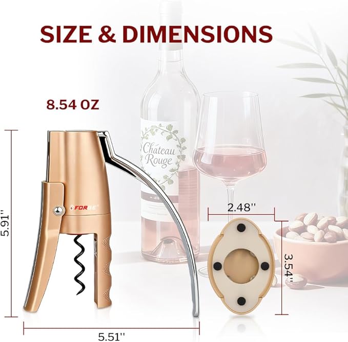 Forge Quality Compact Vertical Lever Corkscrew Wine Opener with Foil Cutter. 3 Seconds to Open a Bottle of Wine. Champagne Gold.