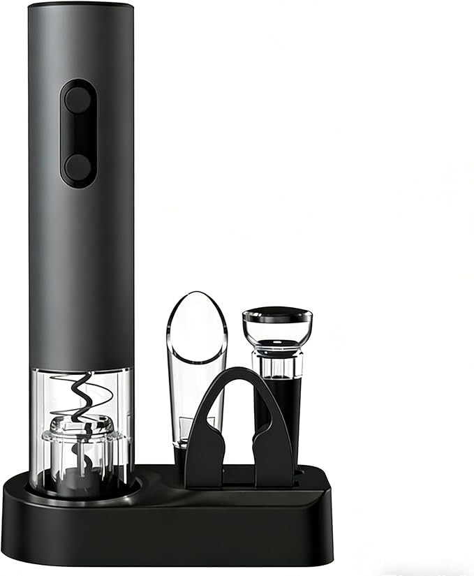 Electric Wine Opener Set, Battery Powered Wine Bottle Opener with Foil Cutter, Vacuum Stopper, Wine Pourer & Storage Base, Automatic Corkscrew Kit for Wine Lovers, Gift for Men Women (Black)