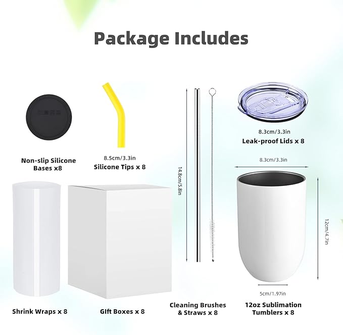 ColorSub Sublimation Wine Tumblers 12oz, 16 Pack Stainless Steel Double Wall Sublimation Blanks Wine Cups with Lids & Straws, Brush, Shrink Wrap, Silicone Straw Tips, Gift Box (Straight 8 Pack)