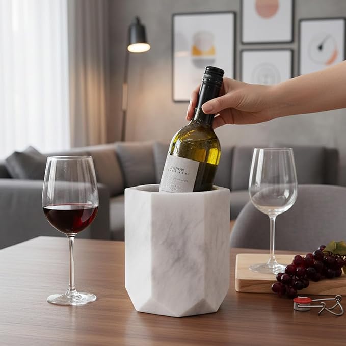 Radicaln Marble Wine Chiller Bucket 6.5 Inch White 750ml Wine Bottle Cooler & Champagne Chiller, Multi-Purpose Utensil Holder, Vase & Bar Cart Decor, Ice-Free with Non-Slip Felt Base, Luxury Wine Gift