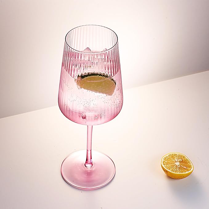 Hand Blown Ribbed Wine Glasses with stem, Lead-Free Crystal Glasses, Luxury Gift, Set of 4, Unique, 18oz Premium Wine Goblet, Large capacity, Fluted Design (Summer Colored)